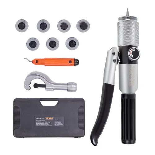VEVOR Heavy Duty Hydraulic Tube Expander Construction Tool, 3/8"-1-1/8" ODH Multi-Size HVAC Swaging Kit with 7 Heads, Deburring Tool, Pipe Cutter for Brass, Stainless Steel Soft Metals, Aluminum Alloy, High Wear Resistance for Smooth Pipes’ Inside