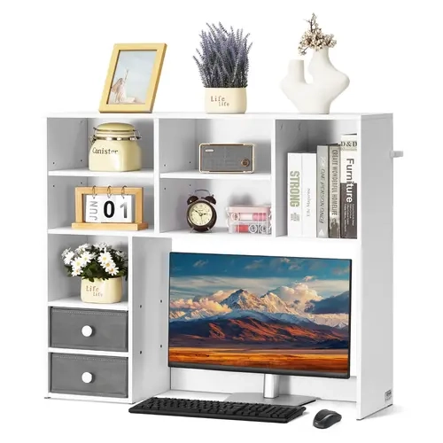 VEVOR 3-Tier Desktop Bookshelf - Sturdy White Book Rack with 0.5" Thick Shelves, 37" Wide Storage, 100lb Capacity, 27" Monitor Fit, Home Office Furniture for 3-Tier Book Sort, Office Desk Setup