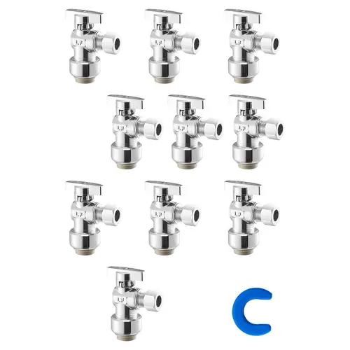 VEVOR 10-Pack Brass Angle Stop Valves, 1/2" PTC x 3/8" OD Compression 1/4-Turn Chrome Finish, Durable Water Management Valves for Kitchens & Baths, Easy Installation Works with Copper, PEX, CPVC, PE-RT Pipes