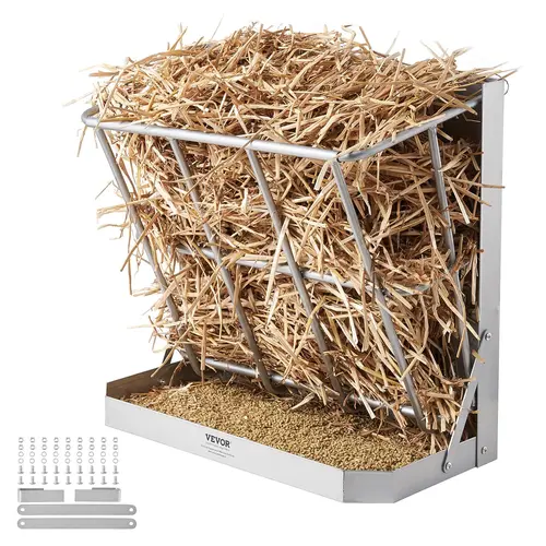 VEVOR Wall-Mounted 2-in-1 Goat Hay & Grain Feeder, 39.5 Gal Large Capacity Durable Steel Feeder with Feed Tray, Multiple-Sided Rack for Small-Medium Goats/Sheep Livestock Feeding Tool