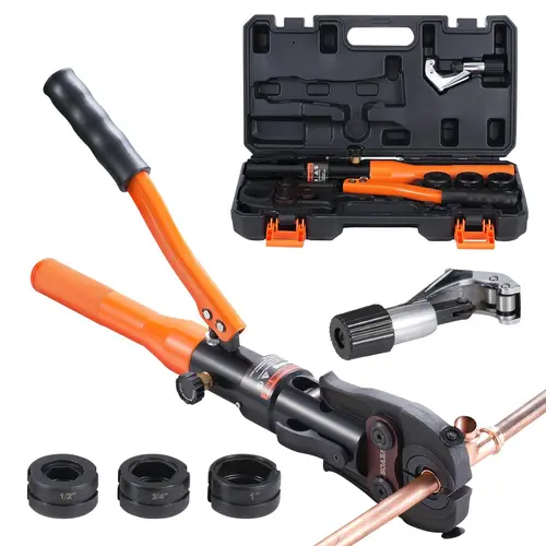 【toolupgrade】VEVOR Ergonomic Handle Manual Pro Press Crimping Tool with 3 Dies, 360° Rotation, Aluminum Alloy 1/2"-3/4"-1" Pipe Sizes Jaws, Hydraulic Pump, Cutter - Precision Home Use Hand Tool for Copper Pipe Plumbing Repair at Complex Angles