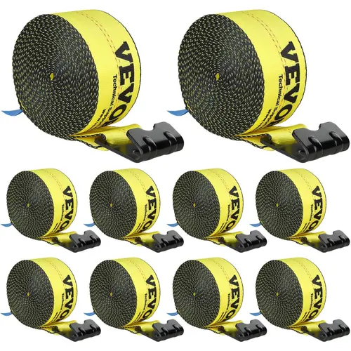VEVOR Heavy Duty Polyester Winch Straps (10-Pack, Yellow, One Size) - 4" x 30', 6000lb Load Capacity, 18000lb Break Strength, Rain-Sun Resistant, Flat Hook Flatbed Tie Downs for Trailers, Truck Accessories