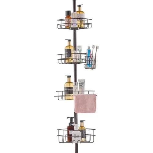 VEVOR Rustproof Steel Adjustable Tension Pole Shower Corner Caddy, 56"-114" Height Adjust, Slip-Resist Base, Toothbrush Holder, Innovative Buckle Design, Easy Installation, Adjustable Shower Organizer, Bath Storage Holder, Bathroom Space Saver