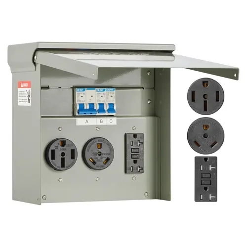 VEVOR Pre-Wired IP54 Weatherproof Temporary Power Outlet Panel, Plastic Heavy-Duty Box with 20A/30A 125V GFCI 20A Safety, 50A NEMA Receptacles, Pre-Connected Grounding Wire, 0℃-40℃ AC Supply for Construction Sites, Temporary Parking