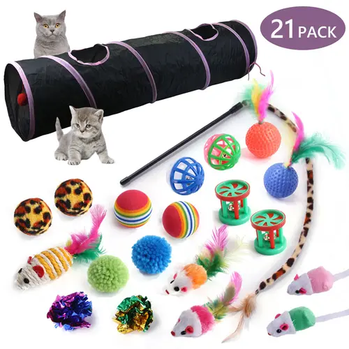 21-Piece Cat Supplies Plastic Variety Toy Set for Kitten & Cat Home Engagement - 47.24in x 9.84in Interactive Black Straight-Through Tunnel, 2 Leather Mice, Fluffy Animal Print Mouse, Rattling Paper Balls, Spring Hose