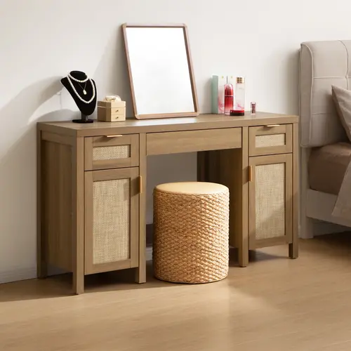 SICOTAS Sturdy Rattan Rectangular Modern Vanity Table - 52" Wide Engineered Wood Worktop, Farmhouse Boho Style, Textured Modern Makeup Vanities, Rattan Mesh, 3 Drawers, 2 Storage Cabinets, Natural Oak, Tabletop Use, Beauty Organization