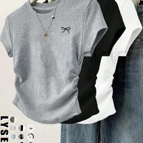 3pcs/1pc women's casual fashion slim fit small bow print details simple solid color pleated pullover shirt women's round neck short sleeved T-shirt