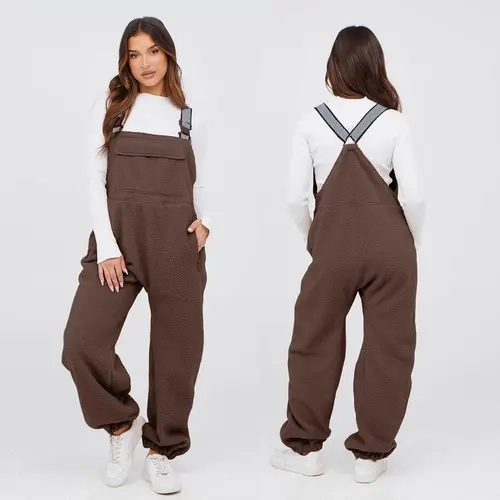 Molitree Women's Warm Fleece Casual Loose Adjustable Winter Jumpsuits Sherpa-Bib Overalls & Ski Pants with Pockets Beige Basic Womenswear Strap Fitted Minimalist