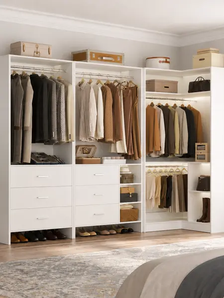 Modern Corner Closet System Set with Drawers ＆ Hanging Rods, Modular Walk-in Closet Organization Wardrobe Storage Closet Organizer with Shelves Home Minimal Organizing