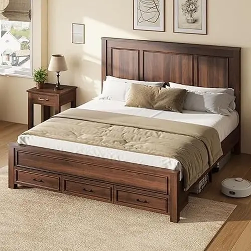 Amerlife Sturdy Queen Bed Frame - Stable, Charming & Functional Wooden Platform Bed with 52.2" Tall Rustic Farmhouse Headboard & Footboard, 3-Drawer Storage, Quiet Slats, Freestanding, No Box Spring Needed, Assembly Required