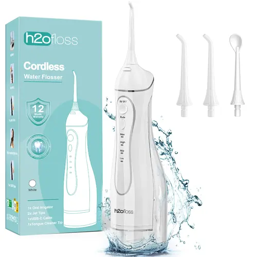 h2ofloss Water Dental Flosser Teeth Pick: Portable Cordless Oral Irrigator 300ML Rechargeable Travel Irrigation Cleaner IPX7 Waterproof Electric Flossing Machine for Teeth Cleaning C102B