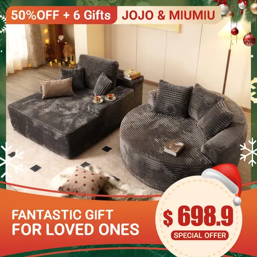 【2 Packages Shipping】Ovios 49" W Boneless Chaise Lounge and 59" W Oversized Round Sofa Bed - Sectional Sofa Set with Flexible Configuration, Plush Corduroy Fabric,No Assembly Required, 5 Pillows included