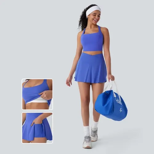 Halara Two-Piece Sets Softlyzero Airy Square Neck Backless Crisscross Cropped InstantCool Yoga Tank Top & Everyday Softlyzero Airy Crossover 2-in-1 Side Pocket Mini Pickleball Skirt