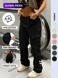 GILIPUR Y2K Women's Solid Multiple Pockets Cargo Pants, Casual Fashion Trousers, Comfort Streetwear Trousers For Daily Wear, Going Out Bottoms, Autumn And Winter Women's Baggy Clothing, All Season Trousers