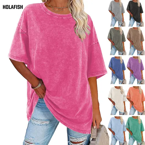 Holafish Women's Vintage T-Shirt, Acid Washed Cotton Loose Fit Crewneck Tshirts, Short Sleeve Casual Streetwear Everyday Tops, Retro Tees Casual Summer Outfits Womenswaer S-5XL