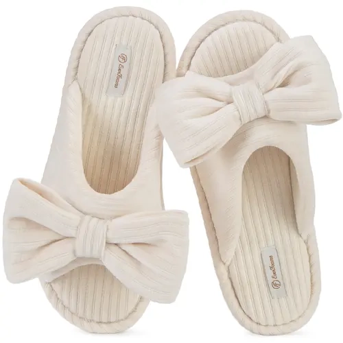 EverFoams Women's Open-Toe Bow Slippers with Memory Foam Indoor Non-Slip Sole