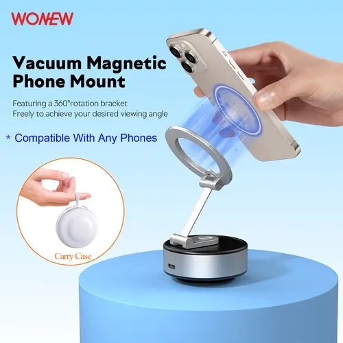 WONEW ZJ43 Pro Magnetic Vacuum Phone Holder - 360° Rotating Foldable Portable Desktop & Car Mount for Travel Vlog Navigation, MagSafe Compatible, Built-in 100mAh Battery, USB-C Rechargeable, Foldable Tripod
