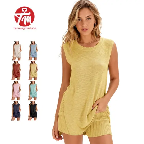 Tanming Women Side Split 2 Piece Sets - Longline Sleeveless Knit Tee & High Waist Shorts - Matching Outfits with Pockets Casual Spring Summer Fall Work School Vacation Loungewear Clothing