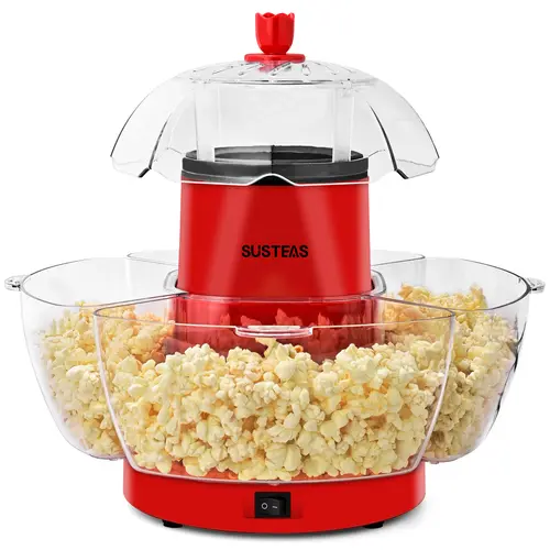 SUSTEAS Electric Oil-Free Popcorn Popper Machine, American Kitchen Appliances Set with 4 Serving Bowls, Measuring Cup, Overheat Safety, Dishwasher-Safe Lid+Bowls, Wipe-Clean Body, Non-Toxic for Movie Nights