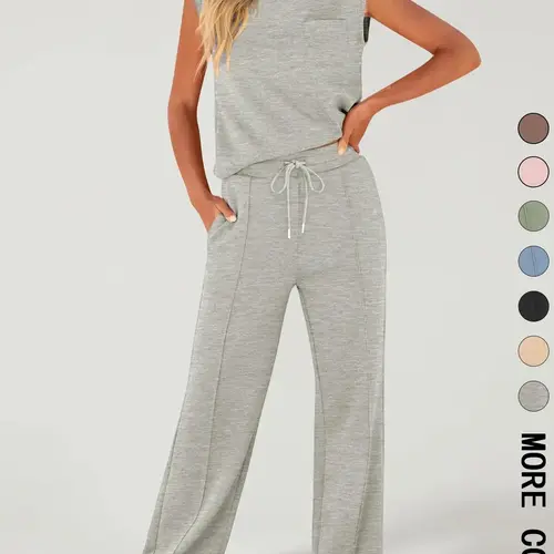 Women's Solid Fitted Tank Top with Pockets & Drawstring Waist Wide Leg Pants Two-piece Set, Basic Casual Sleeveless Round Neck Top & Trousers for Daily Wear, Ladies Two-piece Outfits for All Seasons, Comfy Cozy Lounge Set, Clothes, Womenswear