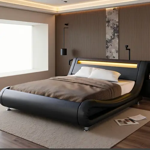 HOOMIC Modern LED Platform Bed Frame【Frame Only No Mattress】,Adjustable Headboard,No Box Spring Needed,Black Faux Leather,Full/Queen/King