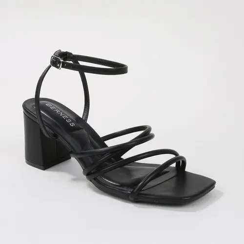 BERNESS Women's Emmarie Leather Block Heels Sandals - Strappy Square Toe Ankle Strap, Black Elegant Casual Footwear for Wedding & Daily Wear, Stylish Summer Design Shoes