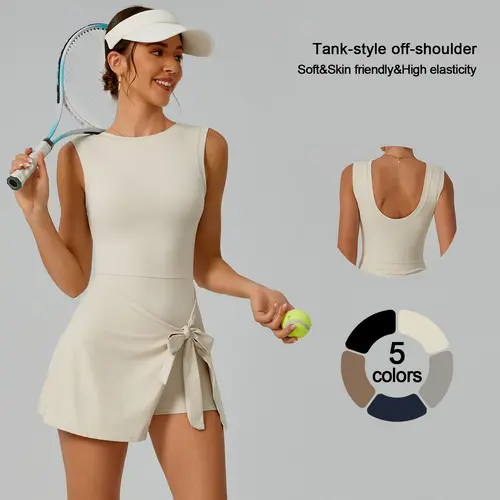 TIMEOFF Women's Tight-Fitted Off-Shoulder U-Back Workout Dress - Active Sports Sleeveless Dress, Side-Tie, Built-In Shorts, High-Stretch Skin-Friendly Plain Fabric, Ideal for Tennis, Hiking