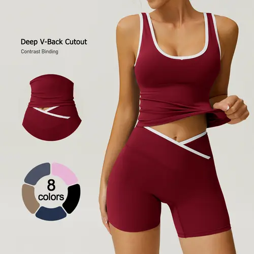 TIMEOFF Women's 2-Piece Quick Dry Workout Set - Tight Color-Blocked Halter Crop Top with V-Back, Mid-Rise 4-Way Stretch Shorts for Gym, Yoga, Everyday Active Training