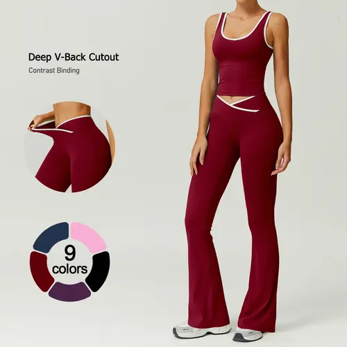 TimeOFF Women's 2-Piece Color Block U-Neck Piped Tank & Bell Bottom Set - 3D Edge Binding, Deep V-Back Cutout, Sculpting Design - Sports Clothing for Gym & Dance Workouts