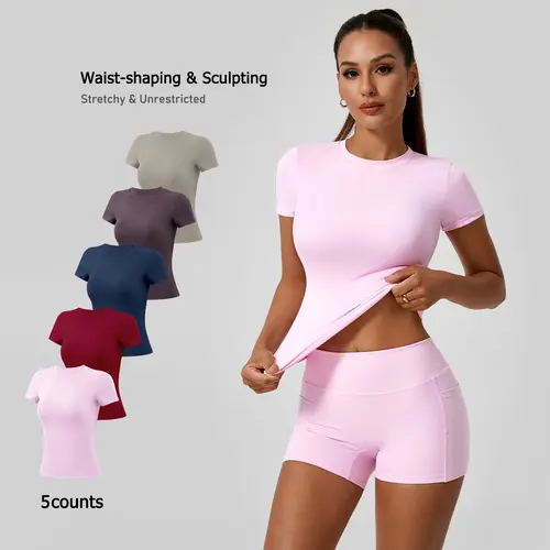 TimeOFF 5-Piece Solid Sports Tee Set Round Neck Slim Stretchy Ideal for Yoga Gym Workouts Women's Athletic Wear Sporty Style Clothes gym shirts workout tops oversized gym shirts Fitness Outfit,summerwins