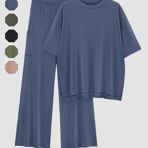 Women's Solid Baggy Fit Drop Shoulder Tee & Elastic Waist Pants Two-piece Set, Casual Basic Fashion Cozy Half Sleeve Top & Trousers for Daily Outdoor Wear, Ladies Clothes for All Seasons