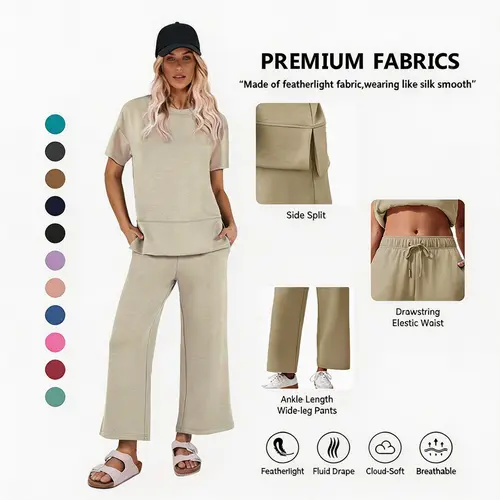 Pinspark Women's Two-Piece Set: Summer Outfit, Loose-Fitting Wide-Leg Pants, Casual Set: Perfect for the airport, the beach, and vacations; short sleeves; soft fabric; available in a variety of colors and sizes summerwins