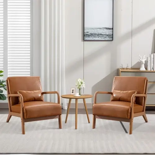 Ebello Wide Modern Boho Decor Indoor Leather Upholstered Accent Armchair - Waterproof, Solid Tapered Legs, Espresso Finish Faux Leather - Sitting Living Room Furniture