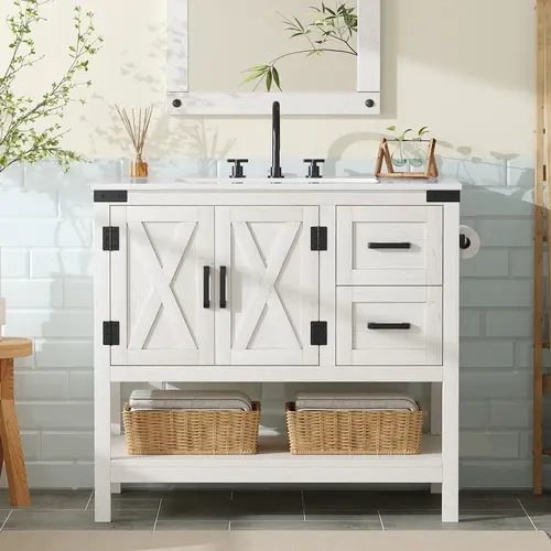 [Ships in 2 Boxes] AMERLIFE 23.4"/36"/48"/60" Farmhouse Bathroom Vanity with Sink Combo, Wood Barn Door Freestanding Small Single Bath Storage Cabinet Set with Sliding Drawers & Open Shelf, Paper Towel Holder[TikTokShopFallDealsForYou]