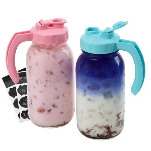 Soligt Heavy-Duty Glass Mason Jar Pitcher 2-Jar Set (64oz/2Qt/1.9L) Wide Mouth with Handle, Airtight Leak-Proof Silicone Pour Spout Lids with BPA-Free Gaskets, 1-Hand Pour Dishwasher-Safe Kitchen Canister for Family Drink, Food and Snacks Storage