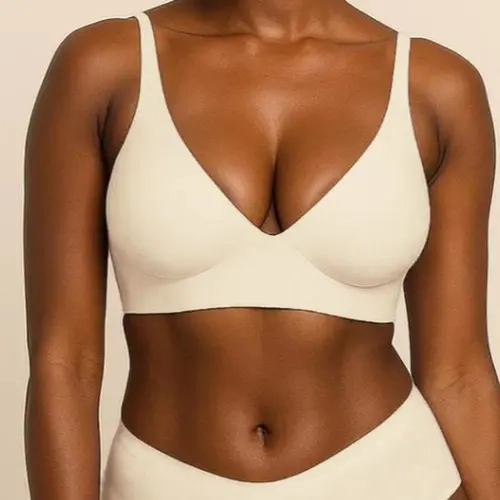 SOFT INTENTION V Neck Jelly Series Seamless Bras for Women Comfortable Wireless Everyday Bra Push Up Regular Fit Bra Supportive Bra Beige Minimalist Vneck Basic