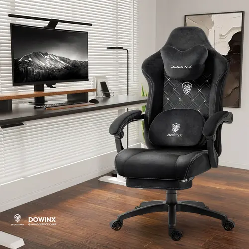 Dowinx Fabric Gaming Chair with Heated Massage Lumbar Support, Gaming Chairs for Adults, Big and Tall Gamer Chair with Pocket Spring Cushion and Footrest, Recliner High Back PC Chair for Adult, Black
