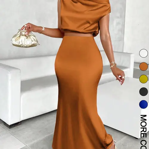 Women's Solid Asymmetrical Neck Top & Mermaid Skirt Satin Two-piece Set, Elegant Fashion Casual Top & Skirt for Daily Outdoor Wear, Women's Clothing Satin Matching Set for All Seasons