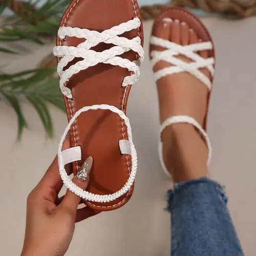 Women's Fashionable Braided Sandals, Casual Boho Style Flat Sandals for Beach Vacation, Trendy Exquisite All-match Sandals for Women, Lightweight Strappy Sandals, Bohemian Sandals, Fashionable Comfy Sandals, Footwear, Summer