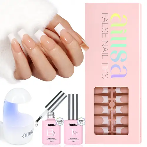 Aillsa Multi-Pack Manicure Set - 180pcs Light Brown Soft Gel Pressed On Nails (15 Sizes, Square/Stiletto/Almond French Tip), Mini Lamp, Base Coat, Top Coat, Easy Soak Off Extensions for Home DIY Nail Art