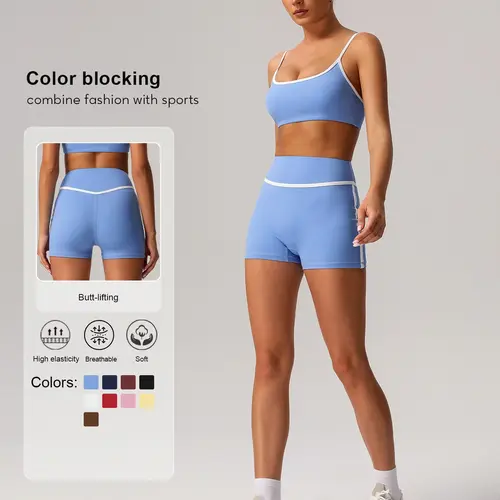 Sodalemon Women's Contrast Binding Crop Sports Bra & High Waist Shorts Sportswear Set, Fitness Wear, Breathable Comfortable for Yoga Gym Workout Running, Ladies Sportswear for All Seasons