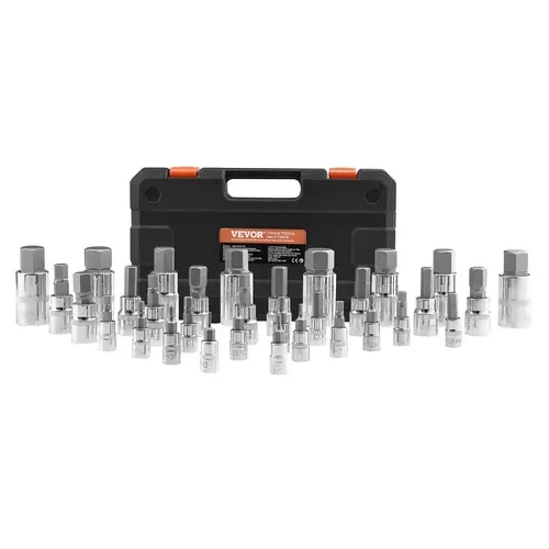 VEVOR 32-Piece Hex Bit Socket Wrench Set, S2 Alloy & Cr-V Steel Rustproof Drop-Resistant Tools, 1/4, 3/8, 1/2 in Drive Sockets, SAE/Metric Chamfer Edge Hex Wrenches, 2.5-10mm (3mm,4mm Included) Mechanic Tools with Enhanced Storage Case