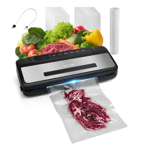 VEVOR 7-in-1 Automatic Vacuum Sealer Machine, 120W Fast-Compact Stainless Steel Food Saver with 4 Food Modes, 80kPa Powerful Suction, 12in Wide Sealing, Washable Drip Tray, 10 Bags, 1 External Hose, 1 Replacement Sealing Strip for Kitchen Seal Freshness
