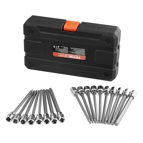 VEVOR 18-Piece 6" Extended Hex Bit Socket Wrench Kit, 3/8 in Drive S2 Alloy Steel Cr-VDrive, Rustproof & Durable Drop-Resistant Hand Tools, Easy Insertion Chamfered Design, SAE Metric Tools for Tight Spaces, Reduces Fastener Wear