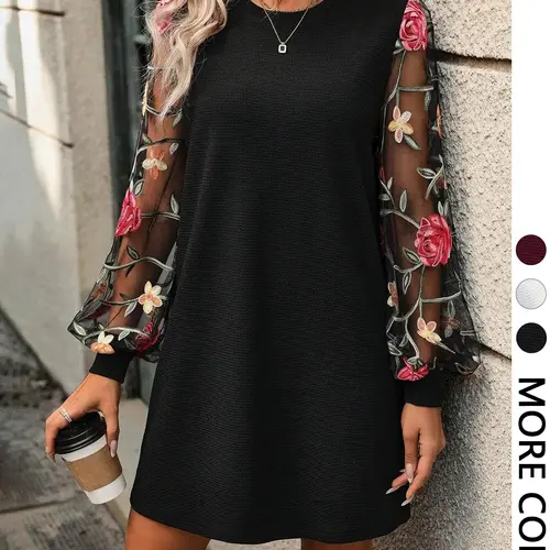 Women's Floral Embroidery Mesh Fabric Balloon Bishop Sleeve Dress Chic Long Sleeve Round Neck Short Dress for Party Holiday Wedding Guest, Ladies Clothes for All Seasons, Womenswear Fit Piece Wedding Guest Dresses