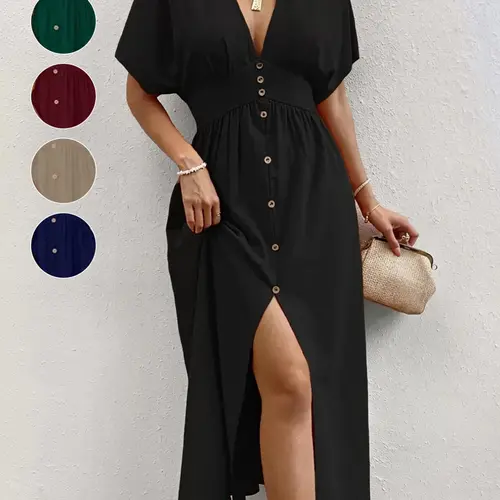 Women's Plain Button Front Short Sleeve Dress, Elegant Piece, Chic Dress for Party Holiday Wedding Guest, Ladies Summer Clothes Womenswear