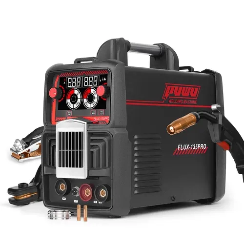 Puwu 135A 110V Home Handheld Welding Machine - Easy 3-in-1 IGBT Inverter Gasless MIG Ready Welder with Flux MIG/Lift TIG/Stick, Short Wire Feeder, LED Digital Display Shows Exact Amps, 0.8/0.9 Tips for Various Wire Sizes, Portable Full Set