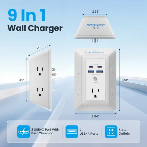 POWSAF Multi Plug Outlet Surge Protector - SummerVibes - 3-Sided 5 Adapter-Spaced Outlets, 4 USB Ports (2 USB-C Fast Charging), Night Light, ETL-Certified Extender for Phones & Electronics Multifunctional Power Strip Power Strip Tower