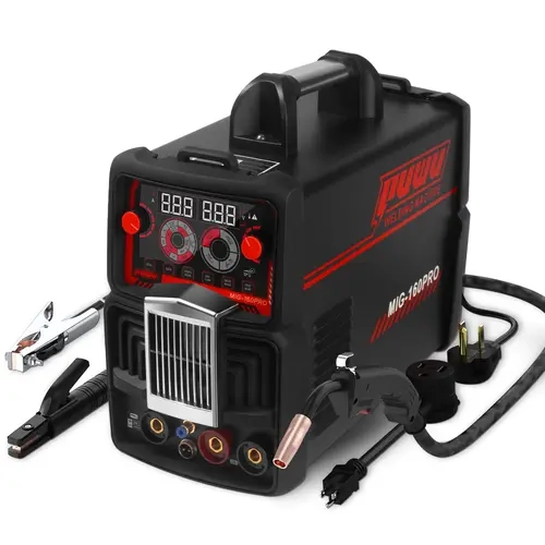 Puwu 160A 4-in-1 DC Inverter Welder - 110/220V Dual Voltage IGBT, Gasless MIG, Flux Cored, Lift TIG, Stick Arc, LED Digital Display, Portable Welding Machine with 4-in-1 Mode, Arc Welder Function & Flexibility in Welding Processes