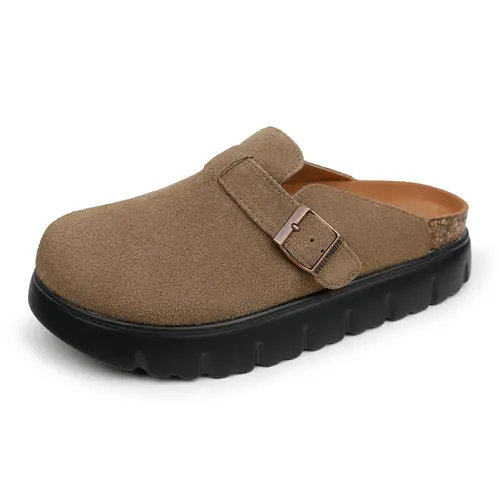 (Pls Size Up Note)EVELLYHOOTD Women's Cow Hide Clogs SohochicShoes - 100% Genuine Leather Adjustable Strap Slip On Clogs, Arch Support Cork Footbed, Non-Slip Outdoor Casual Walking Shoes